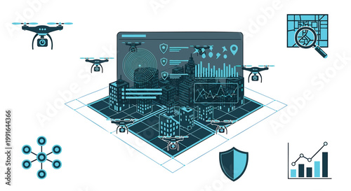 Cyber security, technology, and innovation concept, futuristic data protection, drone surveillance, and network connection icons