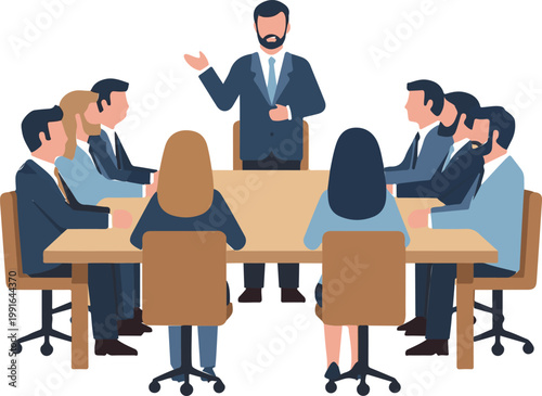 Professional business leader stands to address a group of colleagues during a formal corporate meeting in a modern office space