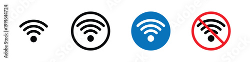 WiFi signal icon set with forbidden symbol, no internet access warning vector illustration