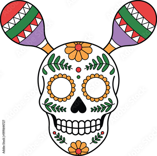 Sugar skull with maracas ears, day of the dead vector illustration