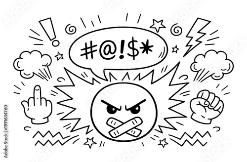 Angry face with taped mouth and rude gestures on grey background