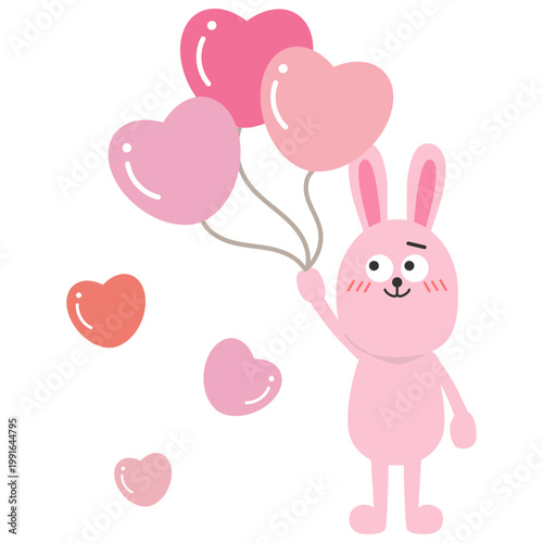 ハート型の風船を持ちながら照れるウサギのイラスト