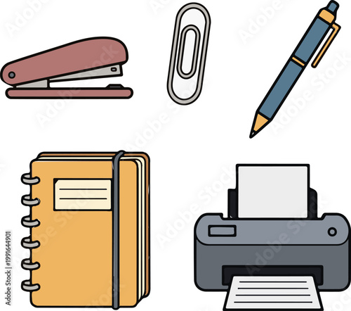 Various office supplies including a stapler paperclip pen notebook and printer displayed as a set of flat vector illustrations