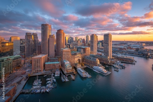 An aerial view captures the vibrant skyline of Boston at sunset, showcasing its modern architecture and historic waterfront district.