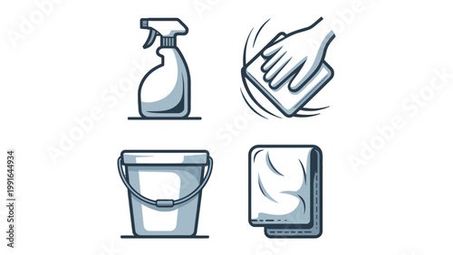 Essential Cleaning Tools: A collection of cleaning essentials, including a spray bottle, a wiping hand, a bucket, and a cloth. Showcasing the core tools required for effective cleaning and hygiene