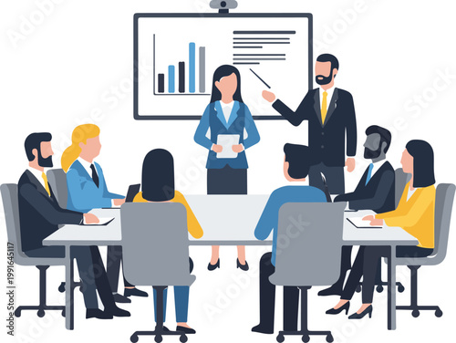 Professional team members collaborating during a business meeting to review charts and graphs while discussing important corporate strategy and planning