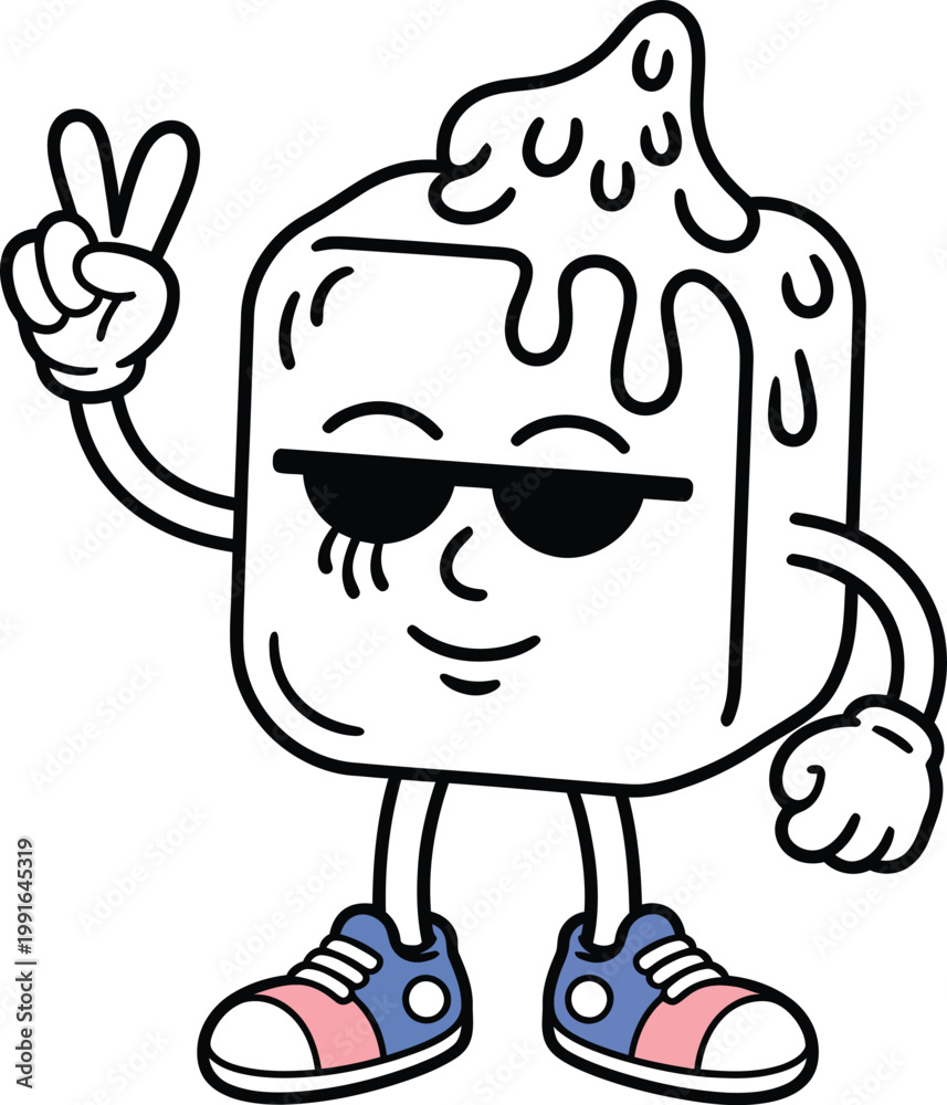 Fototapeta premium Cartoon ice cube character wearing sunglasses and sneakers making a peace sign gesture