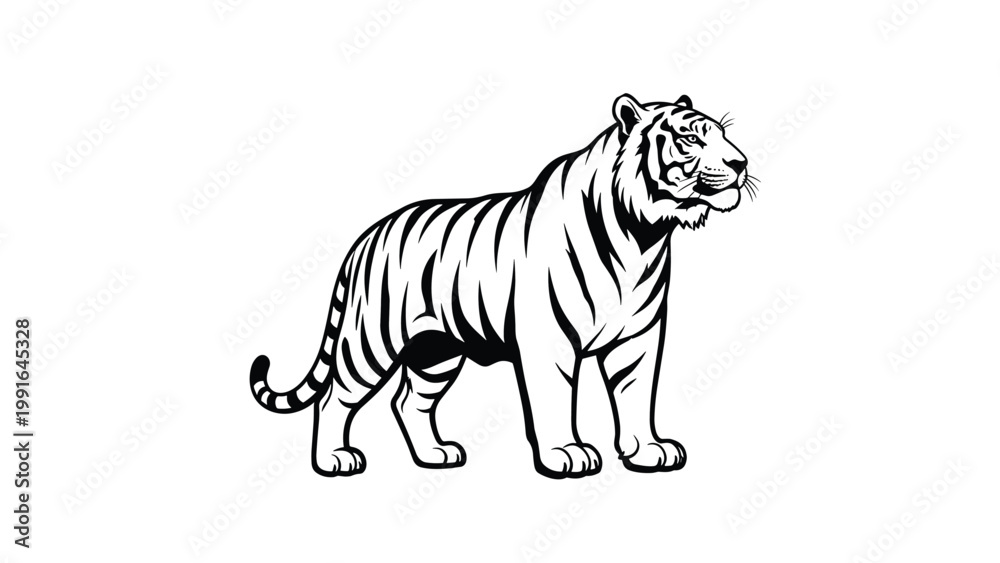 Obraz premium Detailed black and white line art illustration of a powerful tiger standing in a majestic and strong pose.