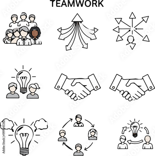 This illustration showcases a versatile collection of outline icons representing teamwork, collaboration, partnership, idea generation, and strategic unity for business success.