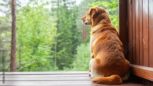  golden retriever sits on a wooden porch, gazing thoughtfully at a lush green forest in the background.