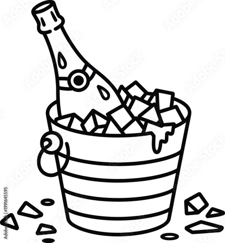 Champagne bottle in an ice bucket with ice cubes