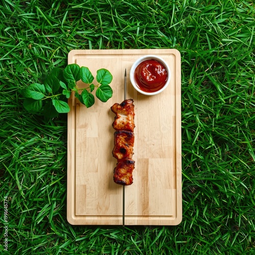 Close-up of grilled meat on wooden board with herb and sauce on green grass