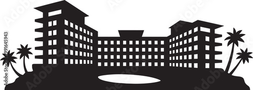 Tropical resort building with palm trees and pool silhouette illustration with modern