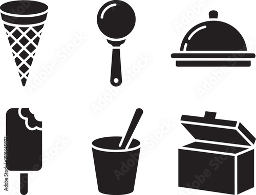 Sweet treat vector, set of 6, icons with dessert collection, frozen treat, and ice cream