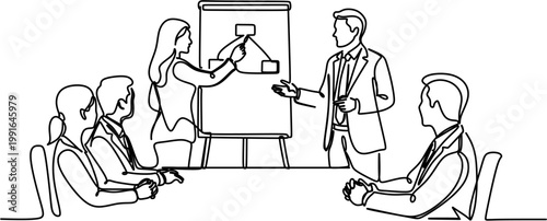 Continuous one line drawing of business people meeting and presentation with flipchart board in office teamwork and strategy concept vector illustration