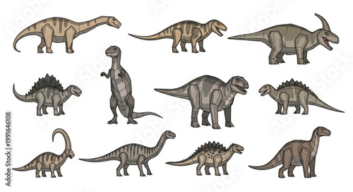 Collection of Diverse Dinosaur Illustrations on White Background.