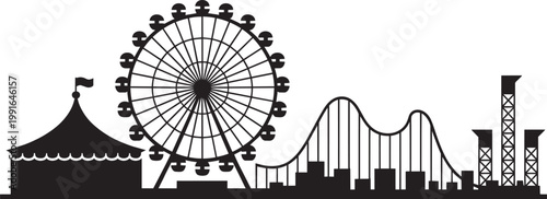 Amusement park scene with ferris wheel, rollercoaster, and tent silhouette with thrill ride