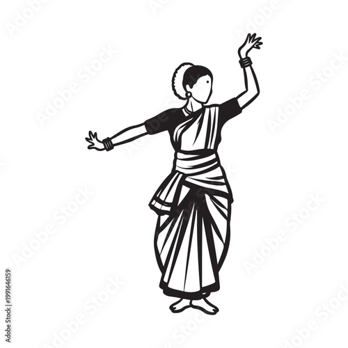 Black and white illustration of a woman in traditional indian dance attire isolated on white background