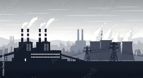 Industrial power plant with smoking chimneys and electricity pylons