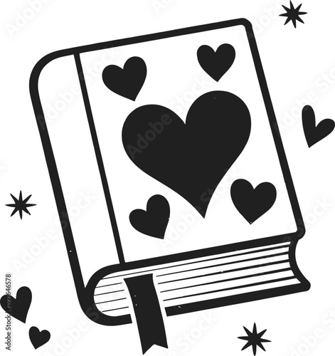 Cute diary or book with hearts and sparkles, romantic journal illustration, love theme graphic element