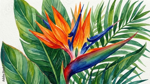 Vibrant Watercolor Illustration of Tropical Bird of Paradise Flower Surrounded by Lush Green Leaves