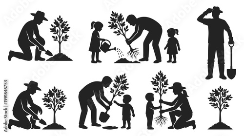 Silhouette of people planting trees various poses set collection. Family gardening and planting trees outdoor different poses silhouette set.
