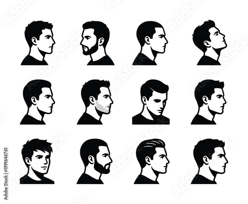 Minimalist male profile silhouette set, 12 man head icons with various hairstyles and beards, black and white vector portraits for barbershop branding