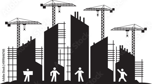 Construction site illustration with 4 tower cranes and unfinished buildings with building