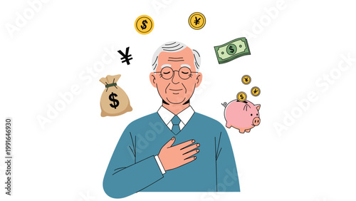 Elderly man feels financially secure while surrounded by money icons like gold coins, bills, a piggy bank, and a full piggy bank.