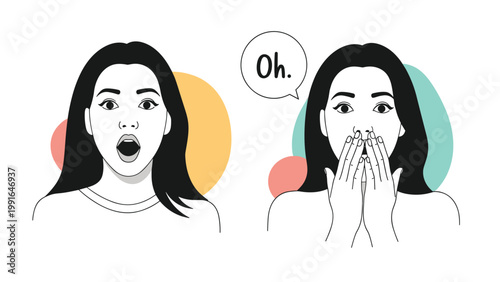 Two expressive women with dark hair show shock and surprise with open mouths and hands covering their faces.