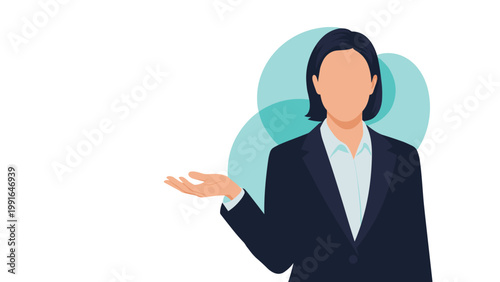 Professional woman in a dark business suit gestures with an open palm as if presenting information or a new product.