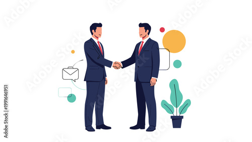 Two successful businessmen in suits shake hands to seal a deal in front of colorful abstract shapes and icons.