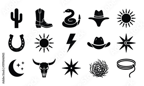 Wild West black silhouette icons, 15 western vector elements including cowboy hat and cactus, desert themed graphic set for branding and logo design