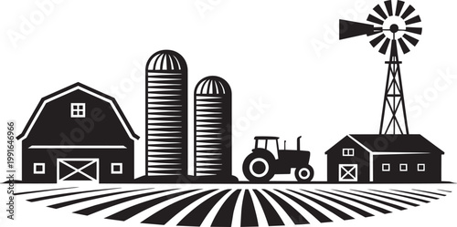 Farm scene with barn, silos, tractor, windmill, and plowed field illustration with black