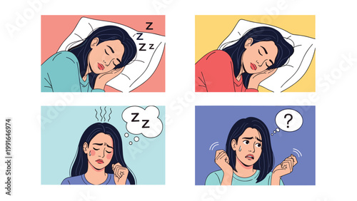 Series of illustrations shows a woman's different sleep states from peaceful rest to waking up tired and stressed.