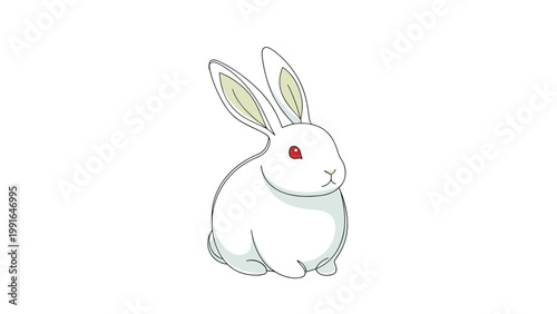 Adorable white rabbit with red eyes sits calmly in a minimalist line art illustration suitable for animal themes.