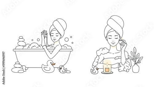Relaxing spa scenes feature a woman enjoying a bubble bath with rubber ducks and skin care products in a cozy setting.