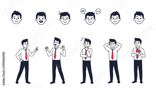 Character design sheet shows a businessman in various emotional states and professional poses for diverse uses.