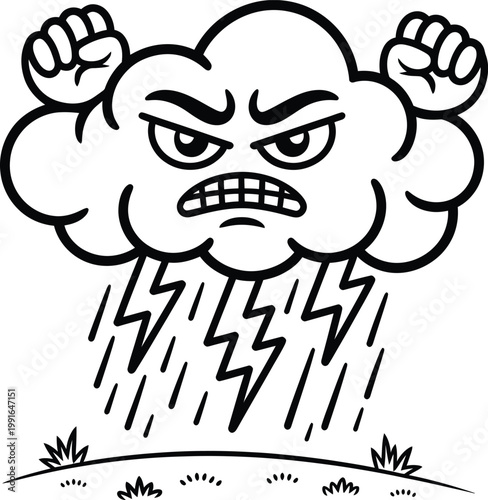 Angry storm cloud character with lightning bolts and rain, cartoon illustration