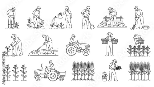 Top View Agriculture Process Vector Set – Planting, Watering and Harvesting Human Activity System Illustration in Outline Silhouette Style on Clean White Background