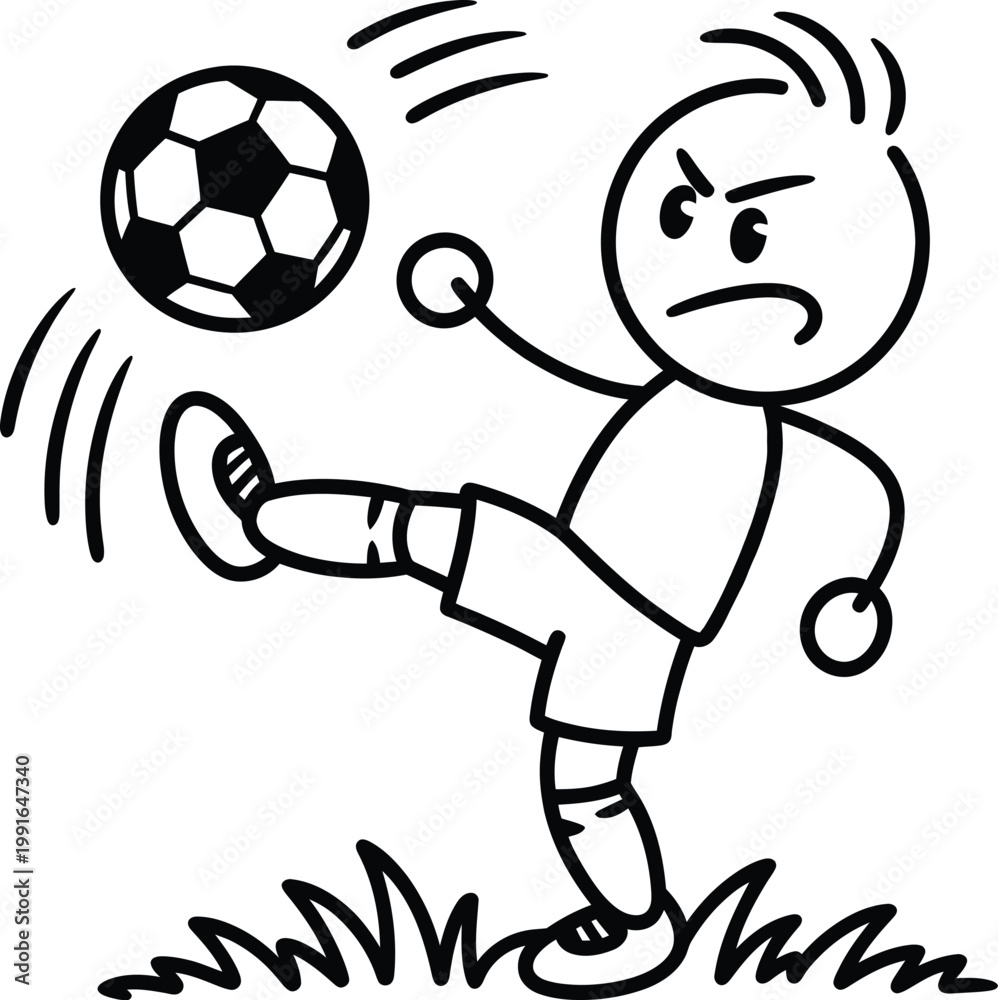 Obraz premium Cartoon stick figure boy kicking a soccer ball