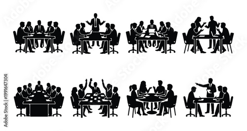 Business meeting silhouettes set, professional office teamwork icons, corporate conference and presentation vector graphics, people sitting at desks