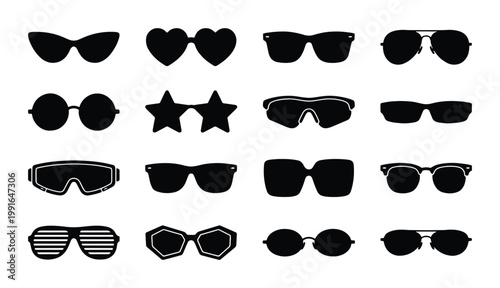 Photos Sunglasses silhouette icon set, 16 black eyewear vector symbols, stylish summer