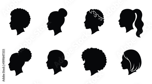Black woman profile silhouette set, 8 diverse female head icons with natural hair and afro hairstyles, minimalist vector portraits for beauty branding