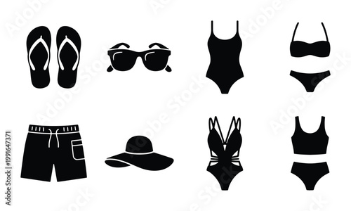 Valokuva Summer beachwear icon set, black silhouette swimwear and vacation accessories, 8