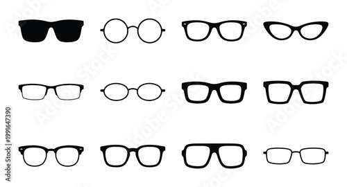 Retro eyeglasses and sunglasses vector icons set, collection of 12 black eyewear frames, vintage optical glasses silhouettes for fashion design