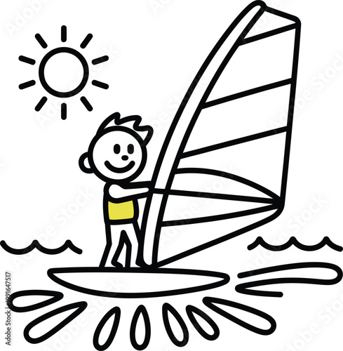 Cartoon stick figure windsurfing on a sunny day