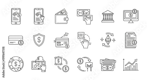 Financial Technology Icons Representing Digital Transactions and Security.