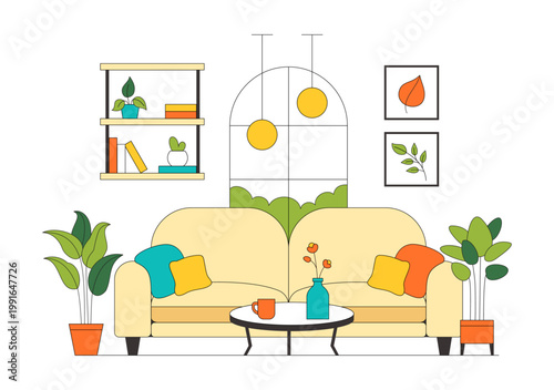 Living Room Vector Illustration of Modern Interior Design Featuring Sofa Coffee Table Plants Lighting and Cozy Home Decor Background