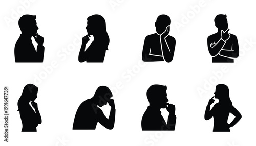 Tableau sur toile Thinking people silhouettes set, 8 vector icons of pensive men and women, though